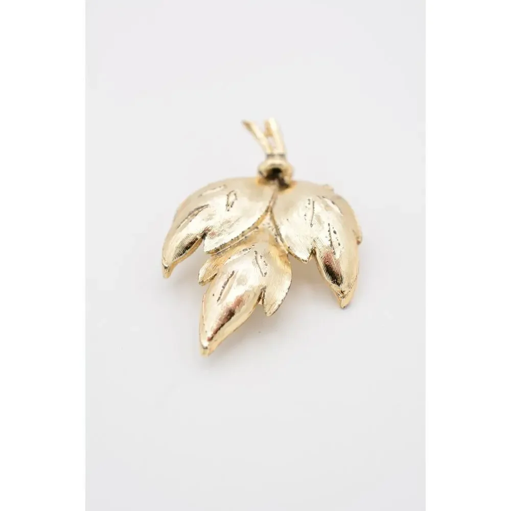 Vintage Wet Textured Leaf Pin Brooch Gold Tone Fall Autumn Chunky 1990s BinAT